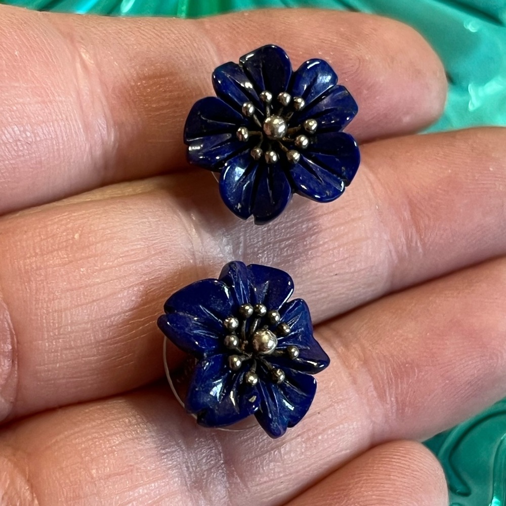 Vintage RJ Signed Carved Lapis Lazuli Flower Sterling Silver 925 Post Earrings